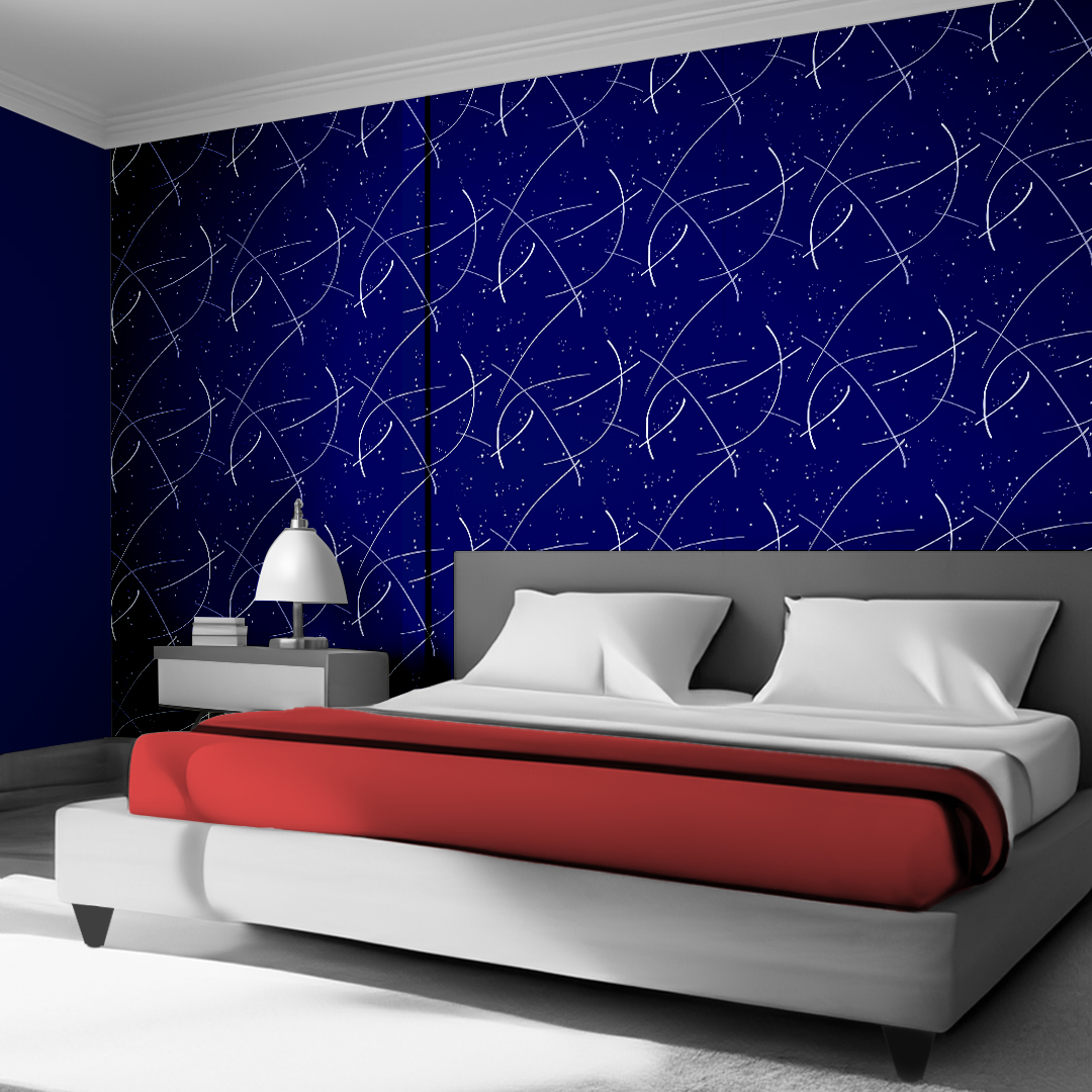 The artwork consists of a deep navy blue background adorned with numerous white star-like shapes scattered throughout, creating a celestial atmosphere. Over this starry field, several sweeping, curved white lines intersect and flow diagonally across the canvas, adding dynamic movement to the composition. The overall effect is a stylized and abstract representation of a night sky with constellations or cosmic trajectories.